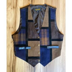 Learsi Vintage Mens Patchwork Leather Vest Brown Navy Plaid Suede V-Neck Medium